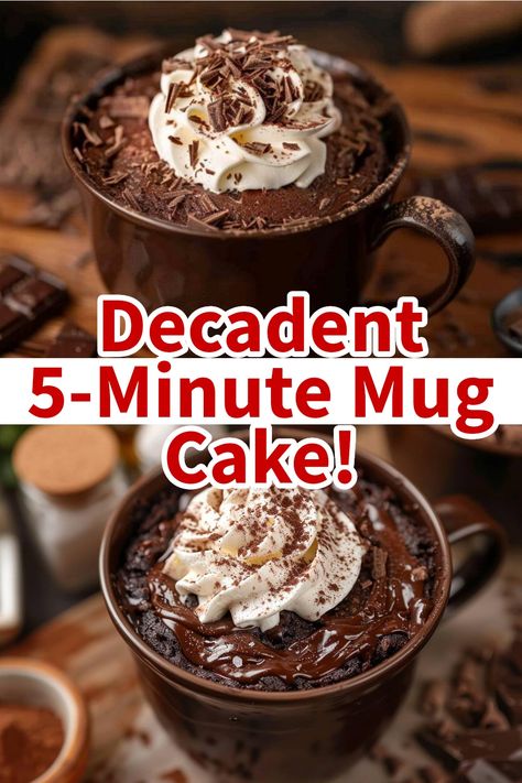 Brown mugs filled with rich chocolate fudge mug cake topped with whipped cream and chocolate shavings. Dark Chocolate Mug Cake, Double Chocolate Mug Cake, Easy Chocolate Cake In A Mug, Chocolate Fudge Mug Cake, Easy Mug Cake Recipe Microwave Desserts, Chocolate Mug Cake No Egg, Mug Cake Recipe Chocolate, Mug Cake Ideas, Choc Mug Cake