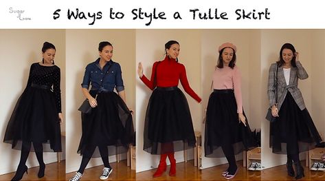 5 Ways to Style a Tulle Skirt - SUGAR LANE Black Tulle Skirt Outfit Winter, How To Style A Black Tulle Skirt, Tulle Skirt With Boots, Black Tulle Skirt Outfit Classy, Plus Size Tulle Skirt Outfit, Tulle Midi Skirt Outfit, Tulle Maxi Skirt Outfit, Tulle Skirt Outfit Winter, Style A Tulle Skirt