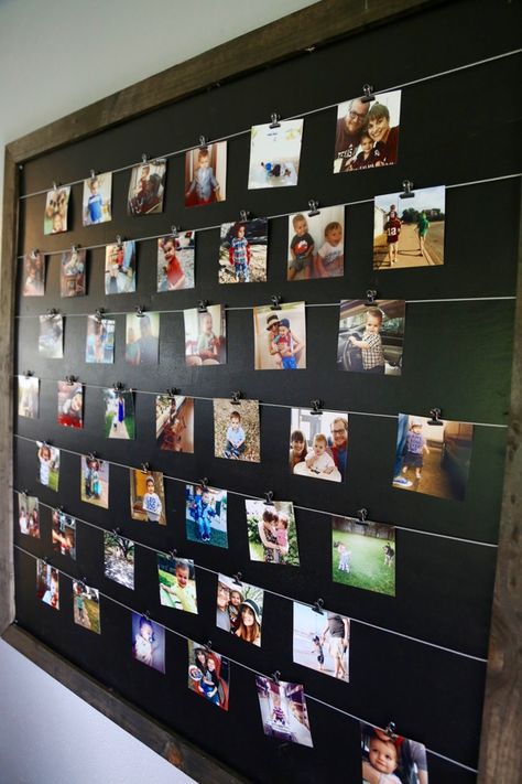 Team Photo Display Ideas, Ideas To Hang Polaroid Pictures, Grandkids Picture Ideas Photo Displays, Modern Photo Display Ideas, 2x3 Photo Display, Family Reunion Photo Display, Photo Board With Clips, Hanging Photo Collage, Picture Garland Photo Displays