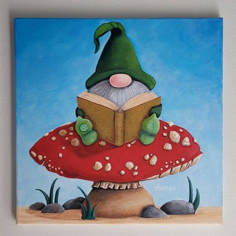 Gnome Garden Painting, Gnomes And Mushrooms Painting, Spring Gnome Painting Canvas, Gnome Reading A Book, Gnome Sitting On Mushroom, Gnome On Mushroom, Gnome Drawings, Gnomes And Mushrooms, Gnome Painting