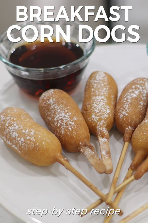 Corn Dog Recipe With Pancake Batter, Breakfast Corn Dogs, Waffle Corn Dogs, Pancake Corndogs, Deep Fried Breakfast Ideas, Corndogs Homemade, Breakfast Corndogs, Breakfast Hot Dog, Cool Breakfast