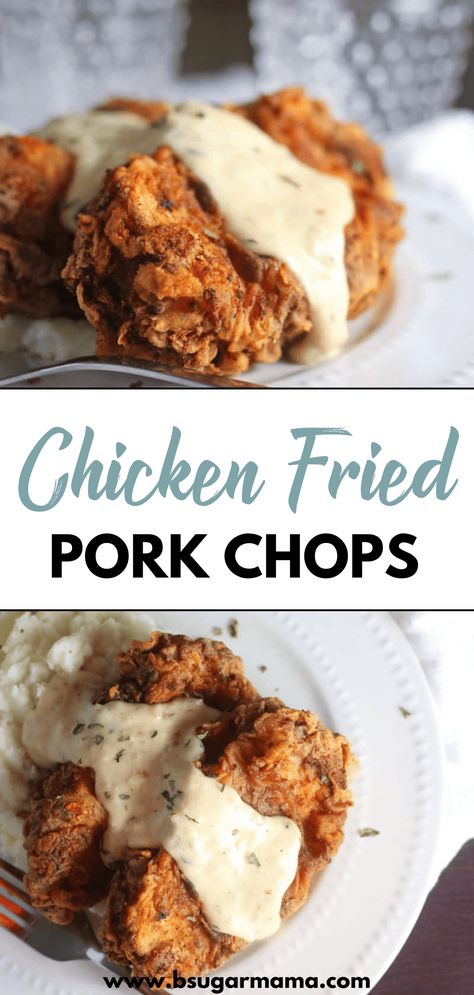 Enjoy these Chicken Fried Pork Chops that are perfect for dinner. Top them off with a delicious gravy. Country Fried Pork Chops And Bacon Gravy, Country Fried Pork Chops Air Fryer, Asian Fried Pork Chops, Chicken Fried Pork Cutlets, Fried Porkchops Dinner Ideas, Best Fried Pork Chops Recipes, Pan Fried Pork Chops With Gravy, Country Fried Pork Chops And Gravy, Fried Bone In Pork Chops