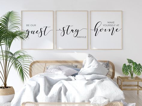 Decor Over Bed, Stay Awhile Sign, Farmhouse Guest Bedroom, Be Our Guest Sign, Good Night Sleep Tight, Bedroom Quotes, Black Typography, Guest Bedroom Decor, Be Our Guest