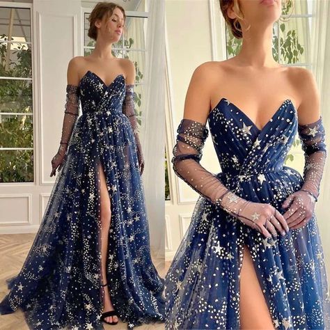 Teuta Matoshi Celestial Stars Gown, Dark Blue Starry Dress, Galaxy Sweet 16 Dress, Night Sky Inspired Dress, Starry Night Prom Dress Ideas, Starry Night Inspired Outfit, Starry Dress Aesthetic, Astronomy Themed Birthday Party, Galaxy Inspired Dress