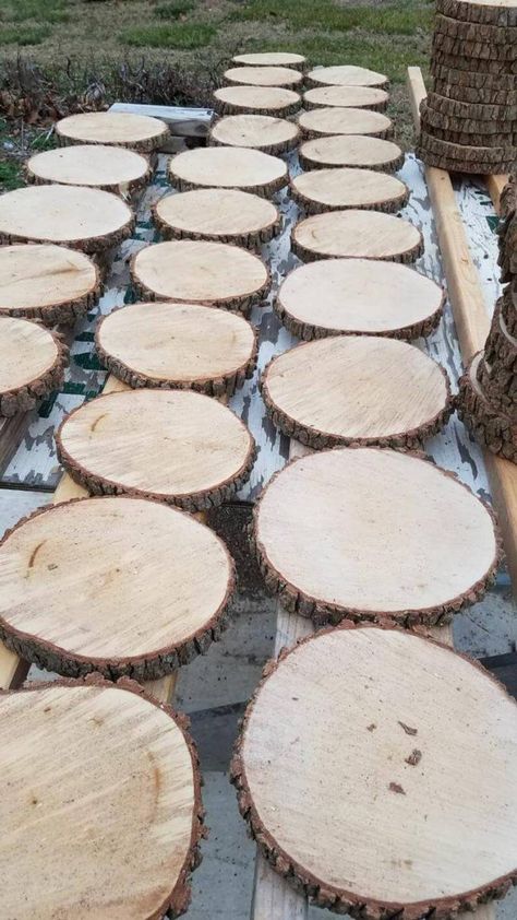 Wood Slice Centerpiece Wedding, Tree Slices Centerpieces, Wood Slice Centerpiece, Wood Centerpieces Wedding, Wood Slices Wedding, Wood Slice Centerpieces, Large Wood Slices, Garden Goals, Log Slices