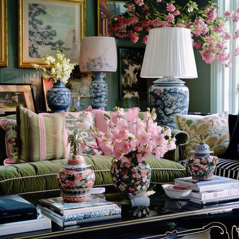 If you love the look of chinoiserie and rose medallion, you’re in the right place 🌳 The first three images showcase how to style chinoiserie and rose medallion. Rich textiles, dark and colorful woods and good wall art always complement intricate porcelains and ceramics. We have a wonderful selection of chinoiserie lamps, fishbowls and rose medallion plates available for purchase. You can shop the look on our @chairishco shop with the product links in this post or link in our bio 🌸 #idle... Chinoiserie Style Living Room, Chinoiserie Bedroom Ideas, Pink And Blue Chinoiserie Bedroom, Modern Chinoiserie Interior Design, Chinoiserie Green Sofa, Chinoiserie Interior Design, Pink And Green Chinoiserie, Flowers In Chinoiserie Vase, Chinoiserie Living Room