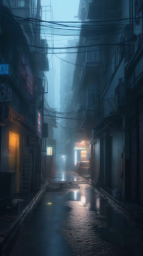 The Endless Alleyways and Small Roads of Hong Kong Industrial Aesthetic Wallpaper, Cyberpunk Dystopia Aesthetic, Futuristic Alleyway, Anime Alleyway Background, Alleyway Aesthetic, City Alleyway, Hong Kong Aesthetic, City Reference, Anime Architecture