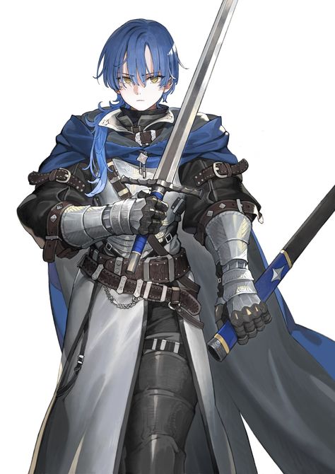 Knight Anime Character Design, Anime Knight Art, Dnd Character Design Inspiration, Rpg Warrior, Knight Character Design, Knight Anime, Blue Knight, Anime Knight, Rwby Anime