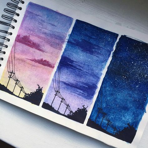 #arte #acuarela #dibujos #tumblr 🌚⚡️ Watercolor Galaxy, Power Lines, Galaxy Painting, Galaxy Art, Arte Sketchbook, Watercolor Inspiration, Gouache Painting, Art Journal Inspiration, Copic