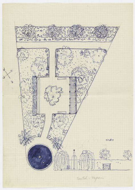 Plan and elevation of a triangular garden with circular pool/fountain at one point. Triangle Backyard Landscaping, Triangle Backyard Ideas, Geometric Garden, Triangle Backyard, Triangular Landscape Design, Triangle Yard, Triangle Landscape Design, Triangle Garden Ideas Design, Triangle Yard Landscape