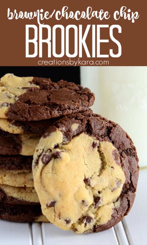 Chocolate Chip Brookies Recipe, Brookies Recipes Cookies, Chocolate Chip Cookies And Brownies, Chocolate Chip Uses, Interesting Cookies Recipes, Chocolate Chip Cookie Brownies Recipe, Brownie And Chocolate Chip Cookies, Best Brownie Cookie Recipes, Break And Bake Cookie Ideas