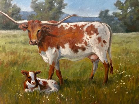 Long Horn Paintings, Longhorn Cow Painting, Biology Painting, Longhorn Painting, Cattle Pictures, Longhorn Art, Cow Paintings On Canvas, Camera Painting, Cow Paintings