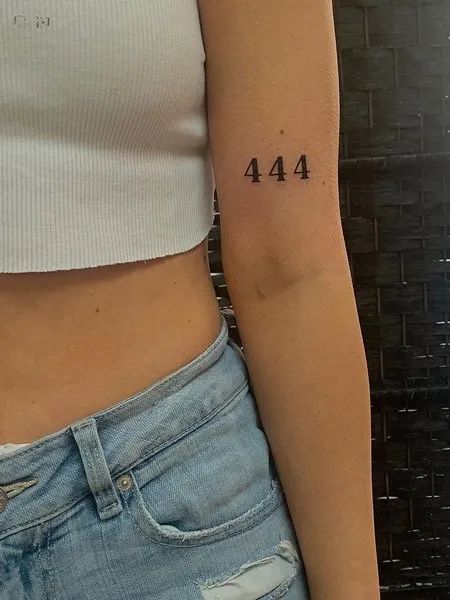 Arm 444 Tattoo Patchwork, 444 Heart Tattoo, Number Tattoo For Men, 444 Finger Tat, Small Hand And Arm Tattoos For Women, 444 Collar Bone Tattoo, 555 Arm Tattoo, Small 444 Tattoo Ideas, 444 Tattoo Above Elbow