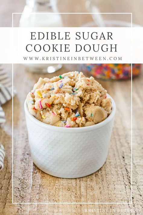 Craving cookie dough but worried about raw ingredients? Make this delicious edible sugar cookie dough in just minutes, anytime you have a cookie dough craving. It's perfect for snacking, as a fun dessert topping, or mixed into homemade vanilla ice-cream. This easy recipe is a must-make for summer. Edible Sugar Cookie Dough, Sugar Cookie Dough Recipe, Eggless Cookie Dough, Cookies Dough, Edible Cookie Dough Recipe, Baking Treats, Best Christmas Cookie Recipe, Cookie Dough Truffles, Peanut Butter Cookie Dough