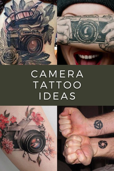 Camera Tattoo Design Ideas Camera Tattoo With Flowers, Canon Camera Tattoo, Camera Tattoo Design Photographers, Camera Tattoo Design Photography, Photography Tattoo Ideas, Photographer Tattoo Ideas, Aperture Tattoo, Camera Film Tattoo, Vintage Camera Tattoos