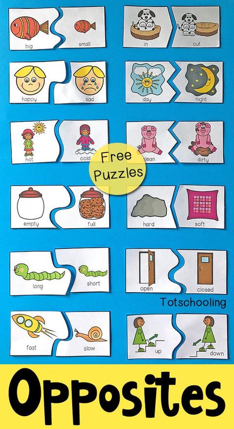 FREE printable puzzles to teach preschoolers about antonyms and opposites. Includes 12 self-correcting puzzles with visual cues to find the matching pair of antonyms. Pre School, Opposites Worksheet, Free Printable Puzzles, Visual Cue, Printable Puzzles, Free Kids, Free Printable, Free Printables, Crafts For Kids