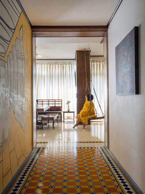 This home in North India celebrates all things South Indian | Goodhomes.co.in House Lobby, Printed Tiles, Kerala Architecture, Home Idea, Home Decor Wallpaper, Indian Interiors, Indian Home Design, Design Moodboard, Design Palette