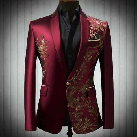 Red And Gold Wedding Suit, Cream And Red Prom Suit, Red And Black Prom Suits For Guys, Red And Gold Suit Men, Red Bridal Blouse Designs, Prom Suits For Men Red, Red And Gold Suit, Md Suits, Gold Prom Suit