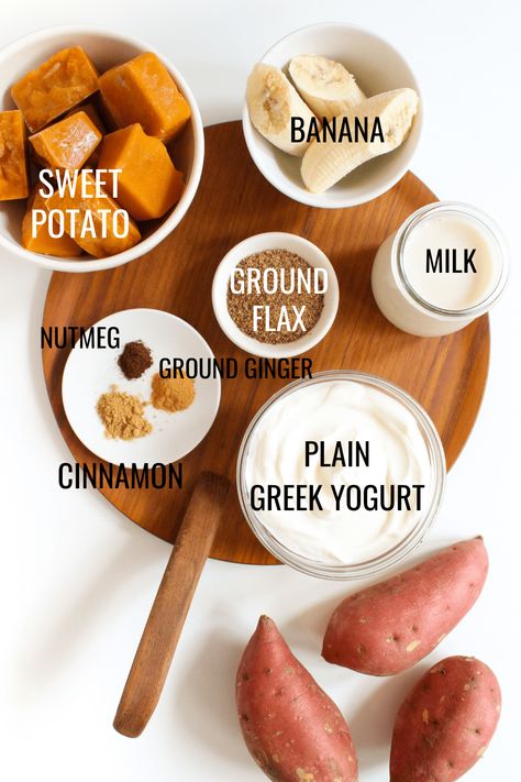 Spiced Sweet Potato Smoothie - fANNEtastic food Smoothie With Sweet Potato, Sweet Potato Smoothie Bowl, Sweet Potato Smoothie Recipes, Sweet Potato Juice Recipes, Sweet Potato Drink, Sweet Potato Diet, Baby Smoothie, Smoothie With Greek Yogurt, Oatmeal Cookie Smoothie