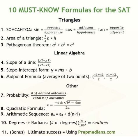 Act Tips Math, Sat Prep Notes, Math Study Tips High Schools, Sat Study Plan 1 Month, 1600 Sat Aesthetic, Sat Study Tips, Act Prep Tips Math, Sat Math Formulas, Tips To Study Maths