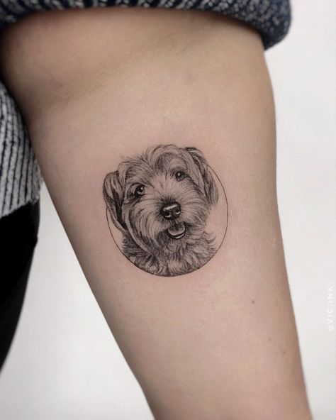 Single needle microrealism dog portrait tattoo. Black and grey, detailed tattoo. Single Needle Dog Tattoo, Fineline Dog Portrait Tattoo, Micro Pet Portrait Tattoos, Dog Portraits Tattoo, Tattoo Dog Portrait, Small Pet Portrait Tattoo, Dog Profile Tattoo, Cute Pet Tattoos, Small Dog Portrait Tattoo