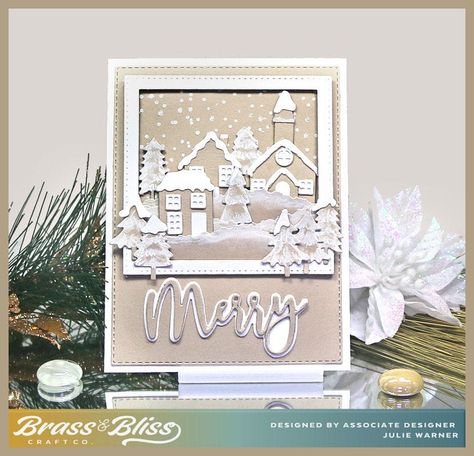 Merry Town – The Write Stuff Christmas Village Card, White Square Frame, Winter Town, Reindeer Silhouette, 3d Birthday Card, White Gel Pen, Die Cut Cards, Santa And Reindeer, Get Well Cards