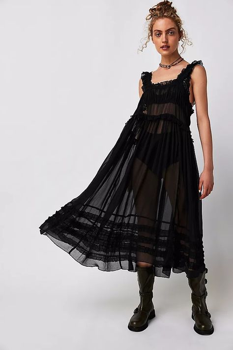 Dress Layering, Witch Fashion, Deep Winter, Midi Slip Dress, Goth Outfits, Sheer Dress, Goth Fashion, Gothic Fashion, Square Neckline