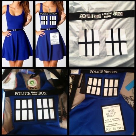 Diy tardis dress. But the sign is on the wrong side. . . really hope she noticed that before she finished. Tardis Costume, Doctor Who Costume, Who Costume, Tardis Dress, Doctor Who Party, Doctor Who Tardis, Creative Costumes, Wibbly Wobbly Timey Wimey Stuff, Creative Halloween Costumes