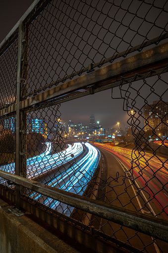 Highway At Night, Collection Moodboard, Misty Night, Chicago At Night, Comic Book Layout, Guard Rail, York Wallpaper, Light Trails, Chain Link Fence