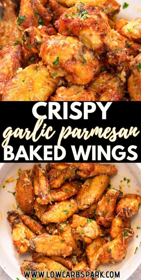 These mouthwatering Garlic Parmesan Chicken Wings are coated in a delicious blend of seasonings and packed with incredible flavors. These baked wings are a crispy sensation that will quickly become a beloved family favorite. Baked Garlic Parmesan Chicken Wings, Parmesan Wing Sauce, Healthy Chicken Wings, Keto Chicken Wings, Easy Chicken Wing Recipes, Easy Chicken Wings, Baked Garlic Parmesan Chicken, Parmesan Wings, Garlic Parmesan Wings