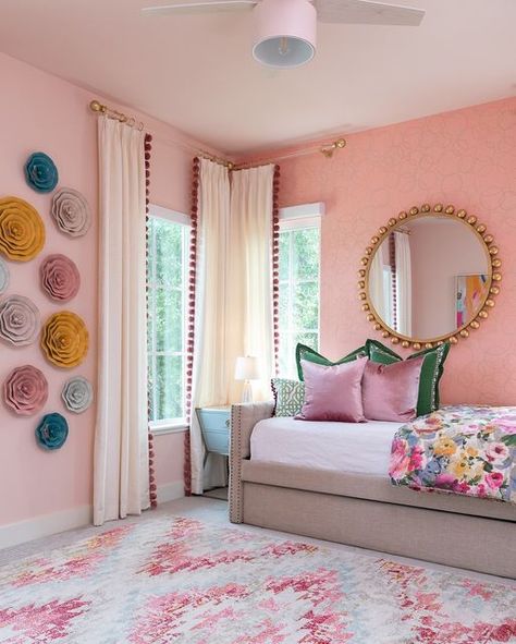 Interior Design Society on Instagram: "This whimsical room designed by Baker Design Group won Children's Spaces at this year's Designer of the Year Awards! The perfect tone of coral based pink wraps the whole room, while a custom artisan hand painted feature wall anchors the bed with luster of texture and the metallic of spirited bubbles sparkling up the wall." Girls Bedroom Pink Walls, Children Bedroom Design, Pink Toddler Rooms, Girls Room Colors, Grandmillenial Style, Pink Bedroom For Girls, Pink Girl Room, Toddler Bedroom Girl, Big Girl Bedrooms