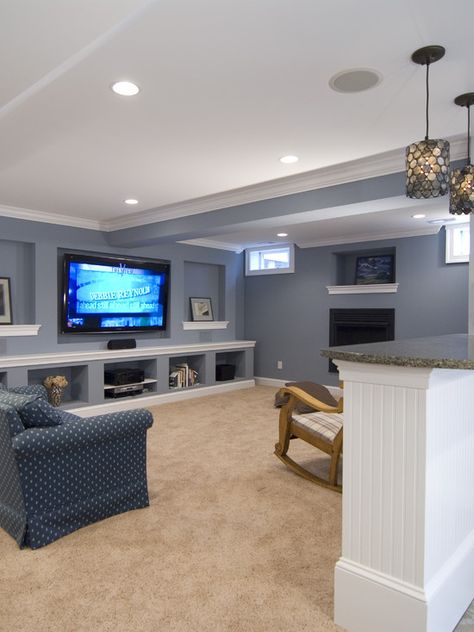 I like this blue/grey color. Maybe even a more transparent version for the all over interior color?  Small Basement Remodeling Ideas Small Basement Remodeling, Basement Colors, Basement Redo, Basement Decorating, Basement Finishing, Basement Reno, Basement Inspiration, Loft Ideas, Small Basement