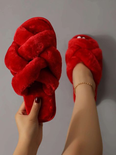 Women's Fashionable Solid Color Bedroom Slippers With Crossed Straps, RedI discovered amazing products on SHEIN.com, come check them out! Red Fluffy Slippers, Cute Slippers Women, House Slippers Womens, Plain Bedroom, Trendy Slippers, Color Bedroom, Fluffy Shoes, Monogram Quilt, Womens Red Shoes