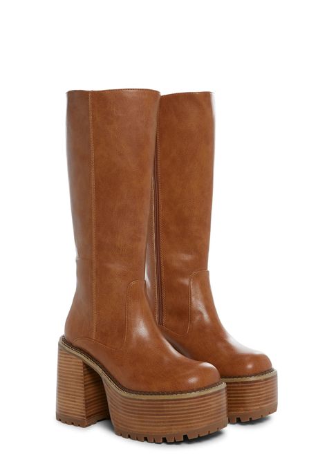 Delia's PU Knee High Platform Boots - Light Brown – Dolls Kill Doc Marten Monkey Boot, Skirts And Boots Winter, Brown Go Go Boots, Knee High Boots With Buckles, Retro Platform Boots, Knee High Fall Boots, Y2k Platform Boots, Brown Fall Shoes, Brown Platform Boots 70s