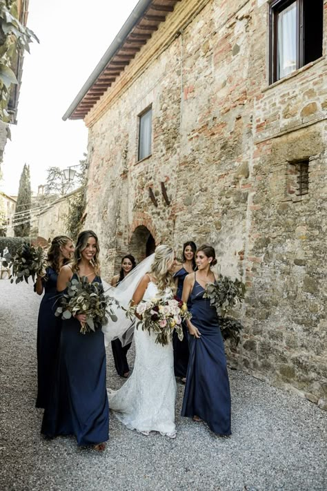 Breathtaking Black Tie Tuscany Wedding at Borgo di Castelvecchio | Junebug Weddings Tuscany Wedding Bridesmaid Dresses, Elegant Wedding Bridesmaids, Black Tie Wedding Color Schemes, Wedding Veils With Hair Down, Bella Bridesmaid, Cheap Bridesmaid, Cheap Bridesmaid Dresses, Tuscany Wedding, Italian Wedding