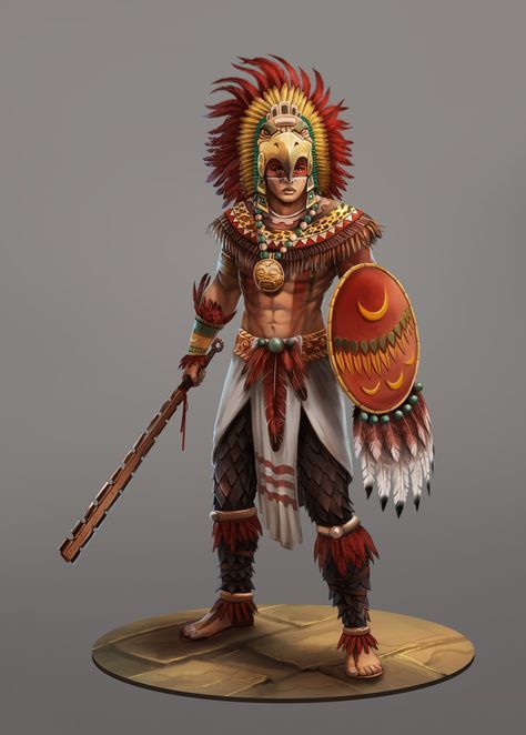 ArtStation - Aztec, Wyn Lacabra; shirtless; indigenous fantasy; D&Digenous; man; male; D&D; pathfinder; dnd; fighter; warrior; Aztec Soldier, Aztec King, Aztec Headdress, Aztec Artwork, Armband Tattoos, Ancient Aztecs, Mexican Culture Art, Aztec Culture, Mayan Art