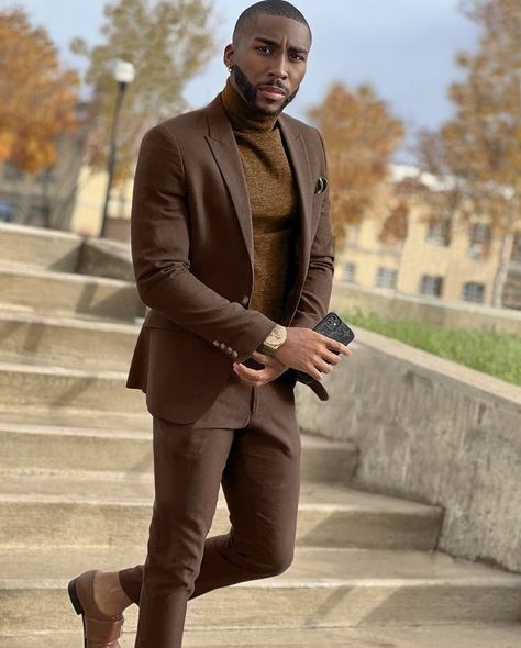 Men’s Fall Suit Ideas, Black Men Business Casual Outfits, Brown Men Fashion, Earthtone Outfits Men, Brown Mens Suit, Mens Suit For Wedding, Black Mens Fashion Suits, Black Men Suits, Mens Business Casual Outfits