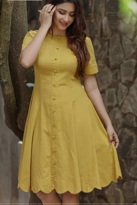 Frock Front Design, Knee Length Frock Design, Short Sleeve Linen Dress, Mustard Yellow Dress Outfit Casual, Sleeves For Frocks, Chikenkari Dress Ideas Frock, Kurty Pattern New, Front Button Kurti Design, Different Kurti Designs