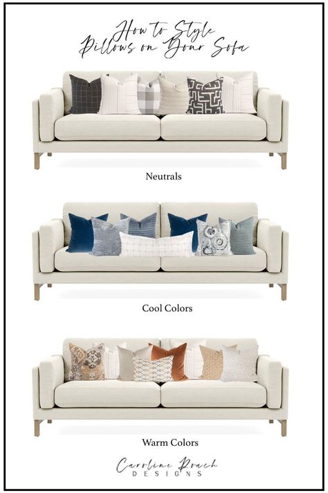 how to style pillows on a sofa or sectional! my 3 tips on how to find pillows + what to look for when mixing patterns and textures. Cream Couch Pillows, Sofa Cushions Arrangement, Beige Sofa Living Room, Blue Sofa Living, Cream Leather Sofa, Neutral Sofa, Craft Spaces, Mixing Patterns, Living Room Decor Gray