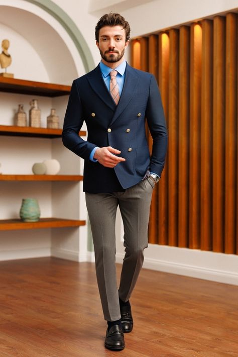 Delve into the world of impeccable fashion with our navy double-breasted blazer, featuring striking peak lapels that exude power and sophistication, making a bold statement wherever you go. #blazer #doublebreasted #suit #formalattire #menstyle #menfashion #gentleman #dapperlook #formalwear #fashioninspo #navyblazer Double Breasted Blazer Men, Man Dress Design, Suit Styles, Suit Stores, Blazer Outfits Men, Slim Fit Suit Men, Slim Fit Tuxedo, Mens Fashion Blazer, Designer Suits For Men