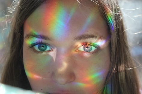 Rainbow prism Photo Rainbow Lighting Portrait, Rainbow Prism Photography, Rainbow Portrait Photography, Rainbow Light Photoshoot, Rainbow Light Photography, Prism Photoshoot, Nostalgia Photoshoot, Rainbow Person, Girlhood Nostalgia