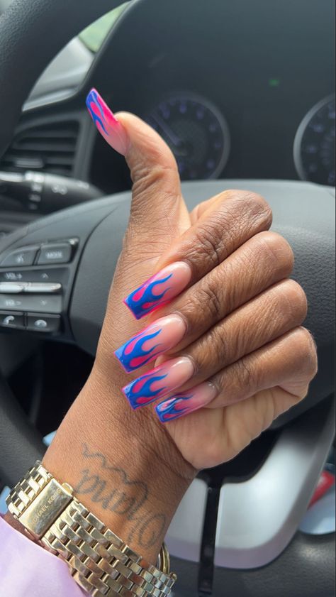 Long pink Acrylic nails with blue flames Pink And Blue Nails Acrylic Long, Pink Fire Nails Designs, Pink And Blue Flame Nails, Pink Nails With Blue Design, Pink And Blue Acrylics, Blue And Pink Nails Acrylic, Blue Flames Nails, Flame French Tip Nails, Blue Fire Nails