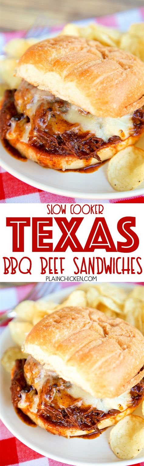 Slow Cooker Texas BBQ Beef Sandwiches - only 3 ingredients! Seriously delicious!! Serve beef on top of hamburger buns with a slice of cheese. Great for potlucks! We love this easy slow cooker beef recipe! Can freeze leftovers for a quick meal later! Slow Cooker Beef Recipe, Bbq Beef Sandwiches, Slice Of Cheese, Beef Sandwiches, Slow Cooker Recipes Beef, Texas Bbq, Bbq Beef, Beef Sandwich, Beef Recipe