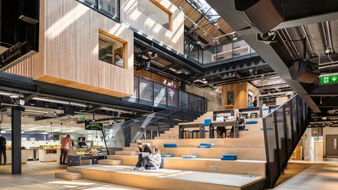 Airbnb unveils new headquarters in a disused Dublin warehouse Airbnb Office, Atrium Design, Warehouse Office, Warehouse Design, Cool Office, Office Workspace, Architecture Office, Album Design, Staircase Design