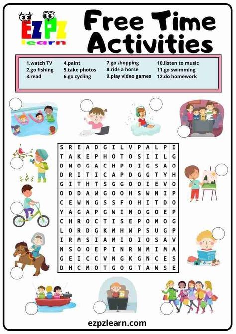 Free Printable Word Search Game Worksheet For English Learners Topic Freetime Activities Freetime Activities Worksheet, Games Worksheet, English Printables, Daily Routine Worksheet, English Games For Kids, Game Worksheet, Word Puzzles For Kids, Daily Routine Activities, Freetime Activities