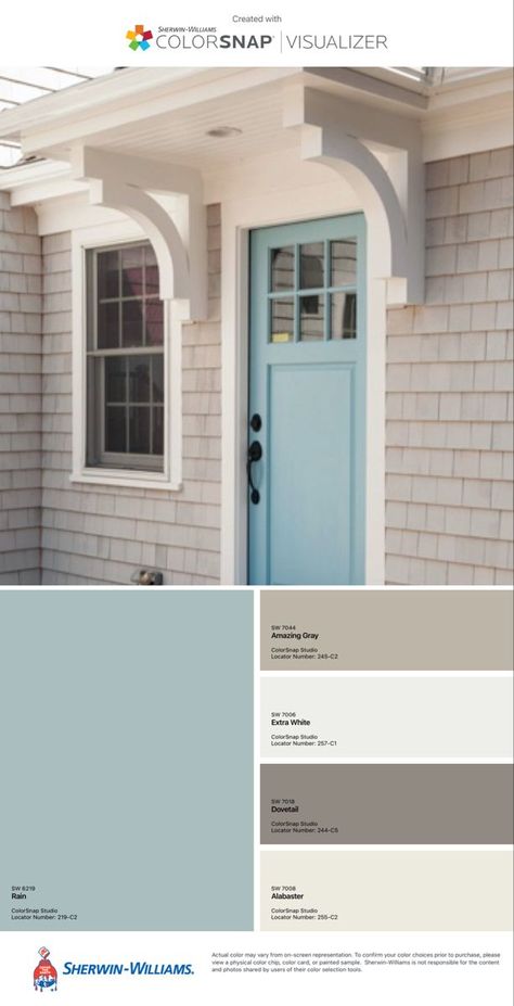 House Colors Exterior Coastal, Beach Color Houses Exterior, Small Cottage Paint Exterior, Outdoor House Trim Colors, Coastal Cottage House Exterior, Coastal Paint Colors Exterior, Coastal Outside House Colors, Coastal Exterior Color Palette, Beach Exterior Paint Colors