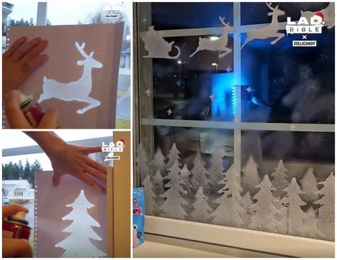 Window Spray Snow Ideas, Fake Snow Decorations Window, Fake Snow On Windows, Window Christmas Decor Ideas Diy, Spray Snow Window Art, Christmas Windows Painted, Spray Snow Windows Ideas, Snow Spray Window Ideas Easy, Fake Snow Window Ideas