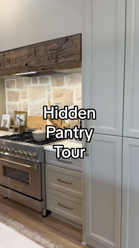 Decorating Modern Barndominium | Hidden pantry reveal! This is one of my favorites! Eveey person that comes over loves this hidden gem! What’s your favorite part? If you... | Instagram Large Hidden Pantry Walk In, New Build Pantry, Corner Pantry Hidden Door, Kitchens With Hidden Pantry, Hidden Pantry Walk In Corner, Hidden Pantries Walk In, Kitchen With Hidden Pantry Floor Plan, Kitchen Layout With Hidden Pantry, Pantry Wall Ideas Built Ins