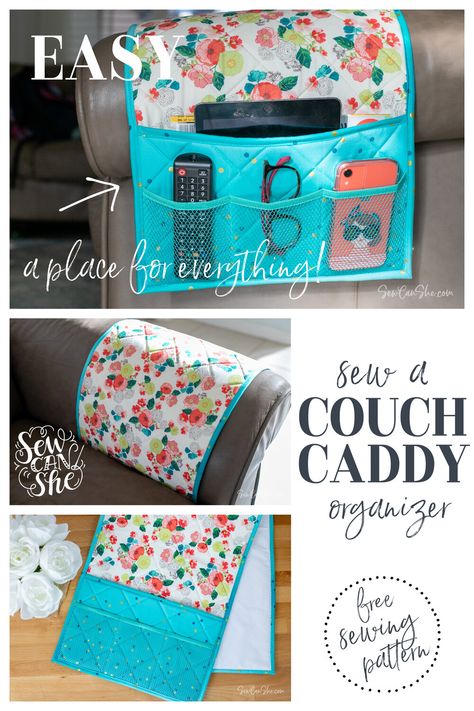 Couch Caddy Remote Control Organizer - free sewing pattern Arm Chair Caddy Pattern, Couch Organizer, Couch Caddy, Remote Control Organizer, Sewing Caddy, Sewing Binding, Jelly Roll Quilt Patterns, Remote Holder, Diy Couch