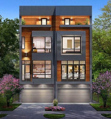 Townhome Plans, Duplex Townhouse, Narrow House Designs, Townhouse Exterior, Narrow House Plans, Narrow Lot House, Modern Townhouse, Duplex Design, Townhouse Designs